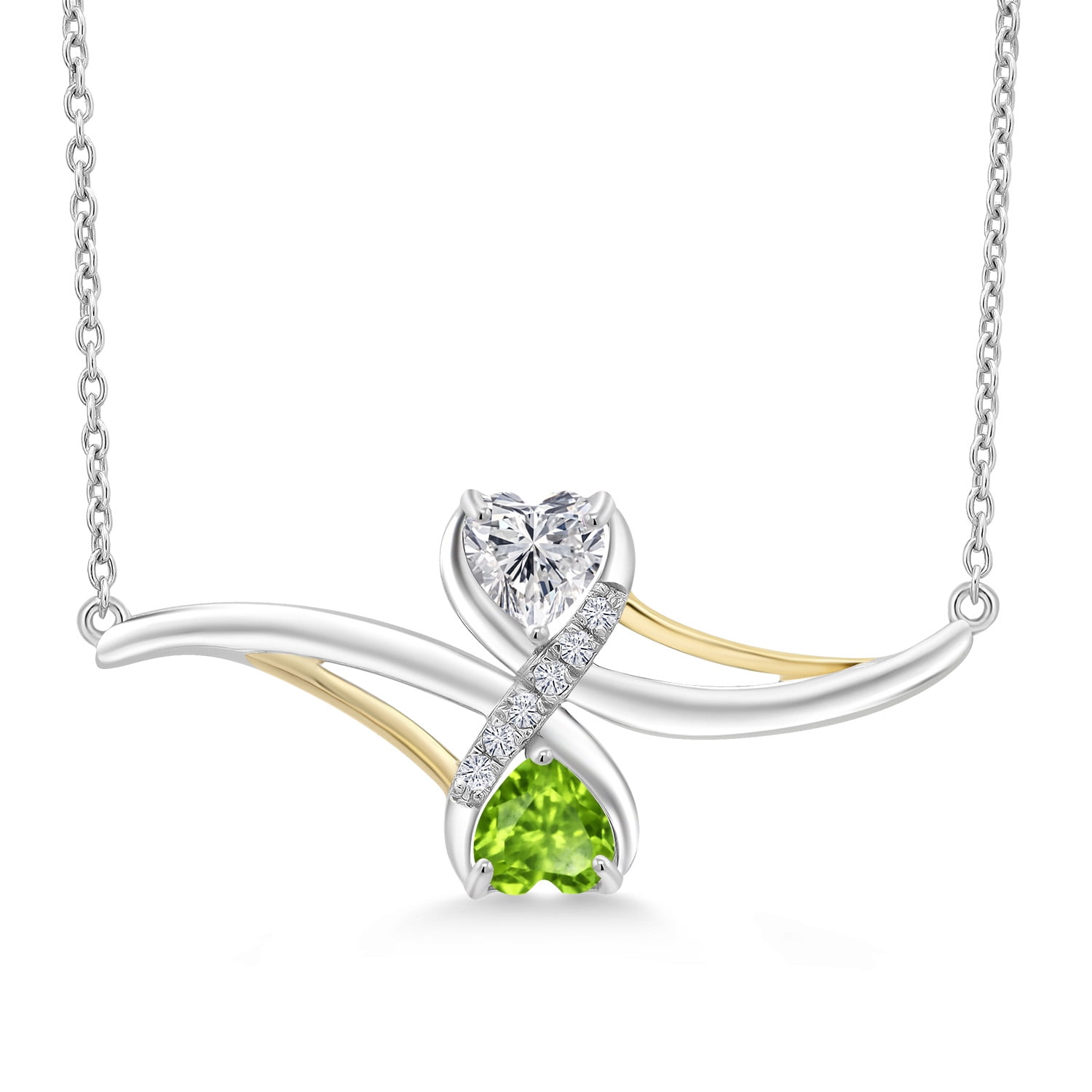 Gem Stone King 925 Silver and 10K Yellow Gold Lab Grown Diamond and Green Peridot Pendant Necklace for Women | 1.00 Cttw | Gemstone April Birthstone | Heart Shape 5MM | With 18 inch Chain