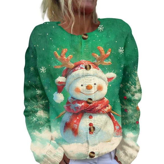 Women's Fashion Christmas Snowman Printed Long Sleeve Knitted Cardigan, Button Down Jacket for Cozy Holiday Seasonal Sweater Outerwear,Army Green,L