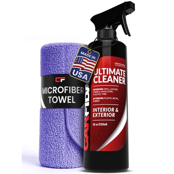 Carfidant Ultimate Car Interior Cleaner - Professional Stain and Odor Remover for Leather, Fabric, Carpet - 18oz Microfiber Towel