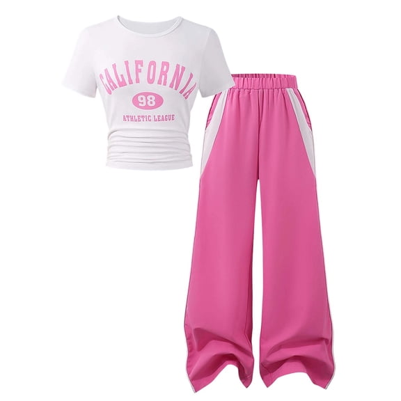 MEZZALL Kids Girls Casual Outfit O-Neck Short Sleeve Tee With Letter Print And Relaxed Straight Leg Cargo Pants Two Piece Playwear Combo Stylish Children Fashion Clothes Sets
