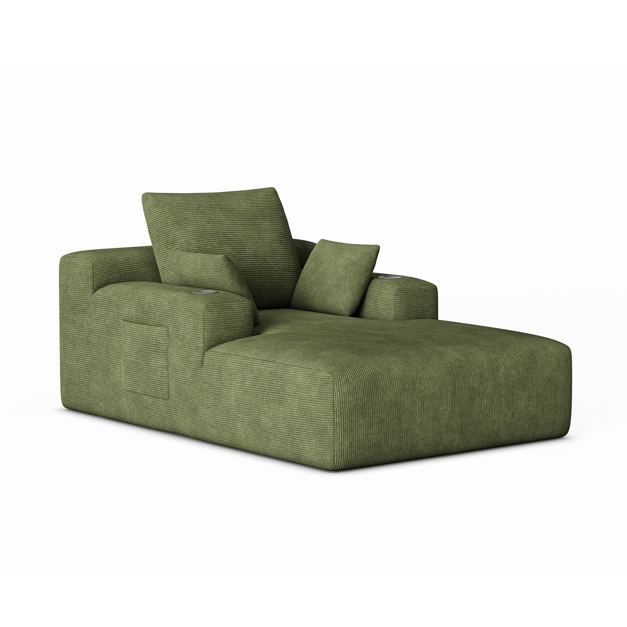 GARITIN Chaise Lounge Sofa 71 Inch, Corduroy Oversized Deep Seat Lounge Chair with Cup Holders and Storage Pocket for Living Room Bedroom, Green