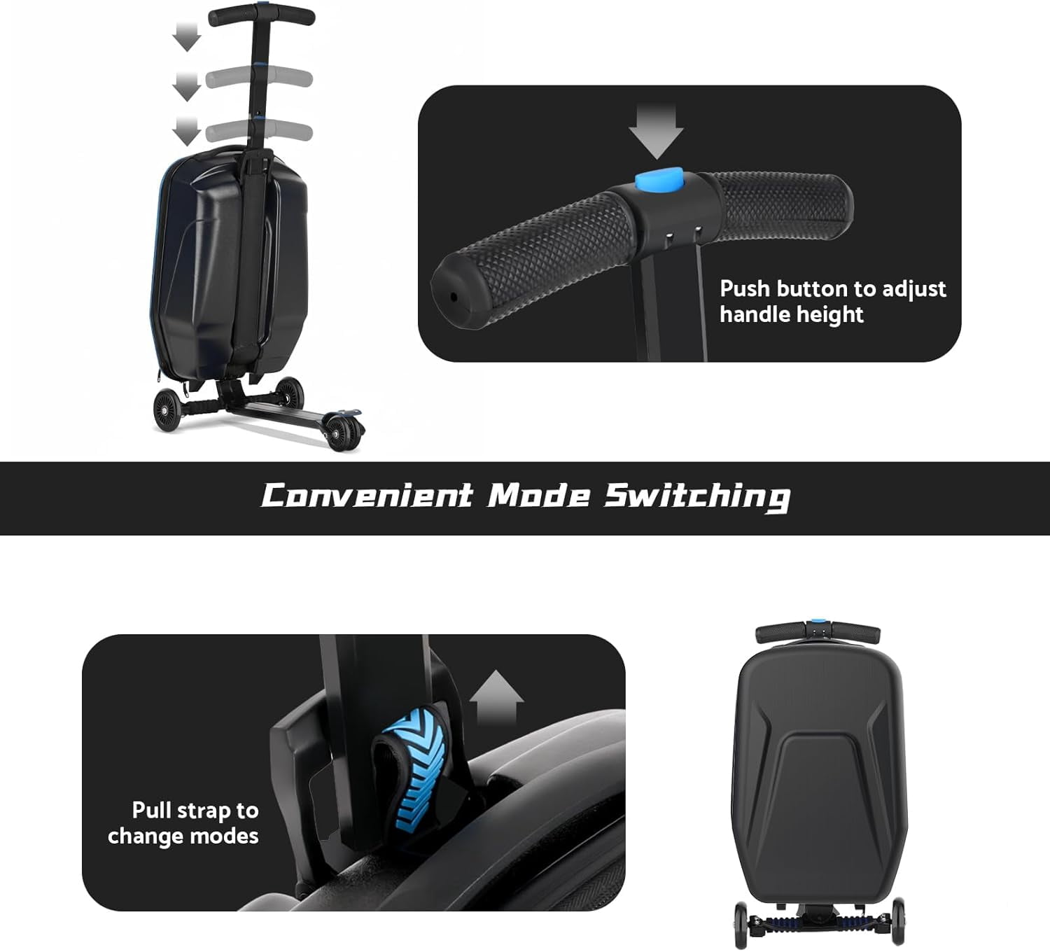 20" Hardshell Scooter Suitcase for Kid & Adult Foldable 2 in 1 Ride on Carry on Travel Trolley Scooter Luggage With Wheels Black