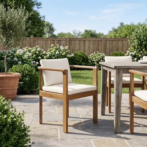 Set of 4 Outdoor Dining Chairs with Curved Acacia Wood Arms and Cream Cushions