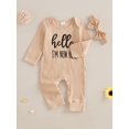 thumbnail image 5 of Spewahor Infant Baby Girl Fall Romper Letter Print Ribbed Long Sleeves Round Neck Full Length Jumpsuit with Headband, 5 of 9