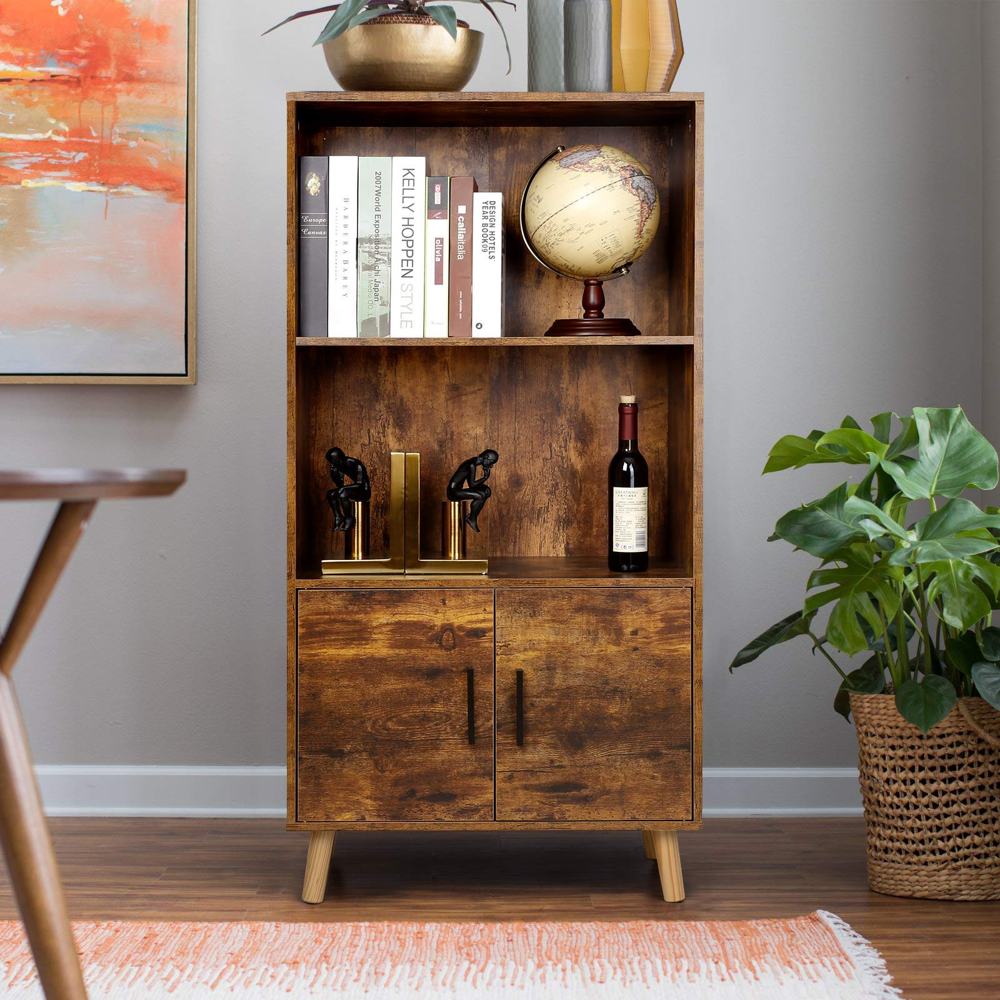 amzdeal Retro Bookcase, Storage with 2 Doors, Rustic Brown