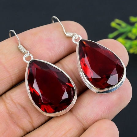Natural Mozambique Garnet Gemstone 925 Sterling Silver Earring 1.81"