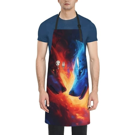 

Rateoe Red And Blue Fire Wolf Aprons with Pocket Men Womens Aprons Waterproof Adjustable Cooking Aprons for Kitchen Gardening and Salon