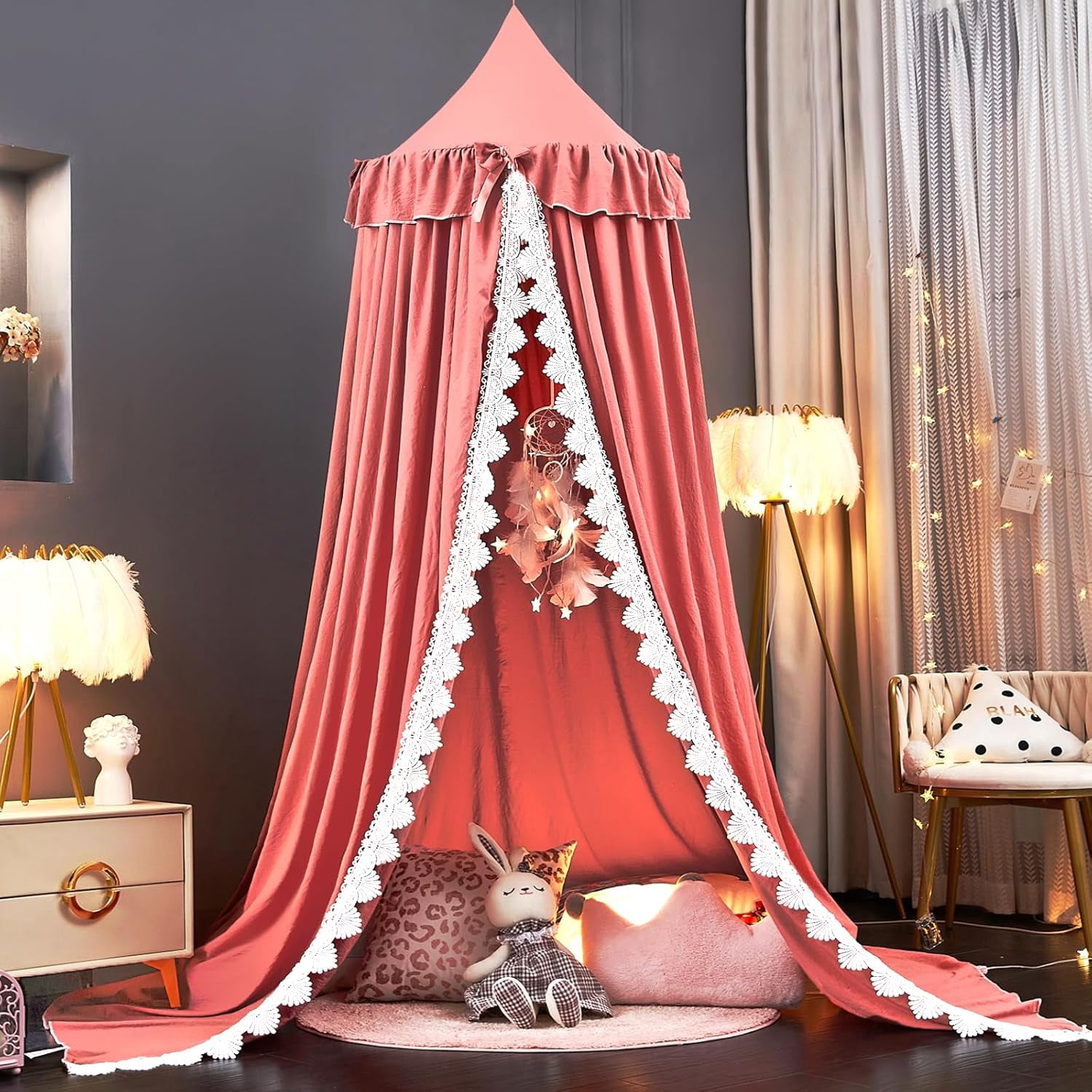 Bed Canopy for Girls, Ruffled Soft Pink Princess Canopy Dreamy Bow Decor, Bed Canopies for Kids Room, Hanging Canopy Bedding Drapes Toddler Reading Nook Play Tent (Red Bean)
