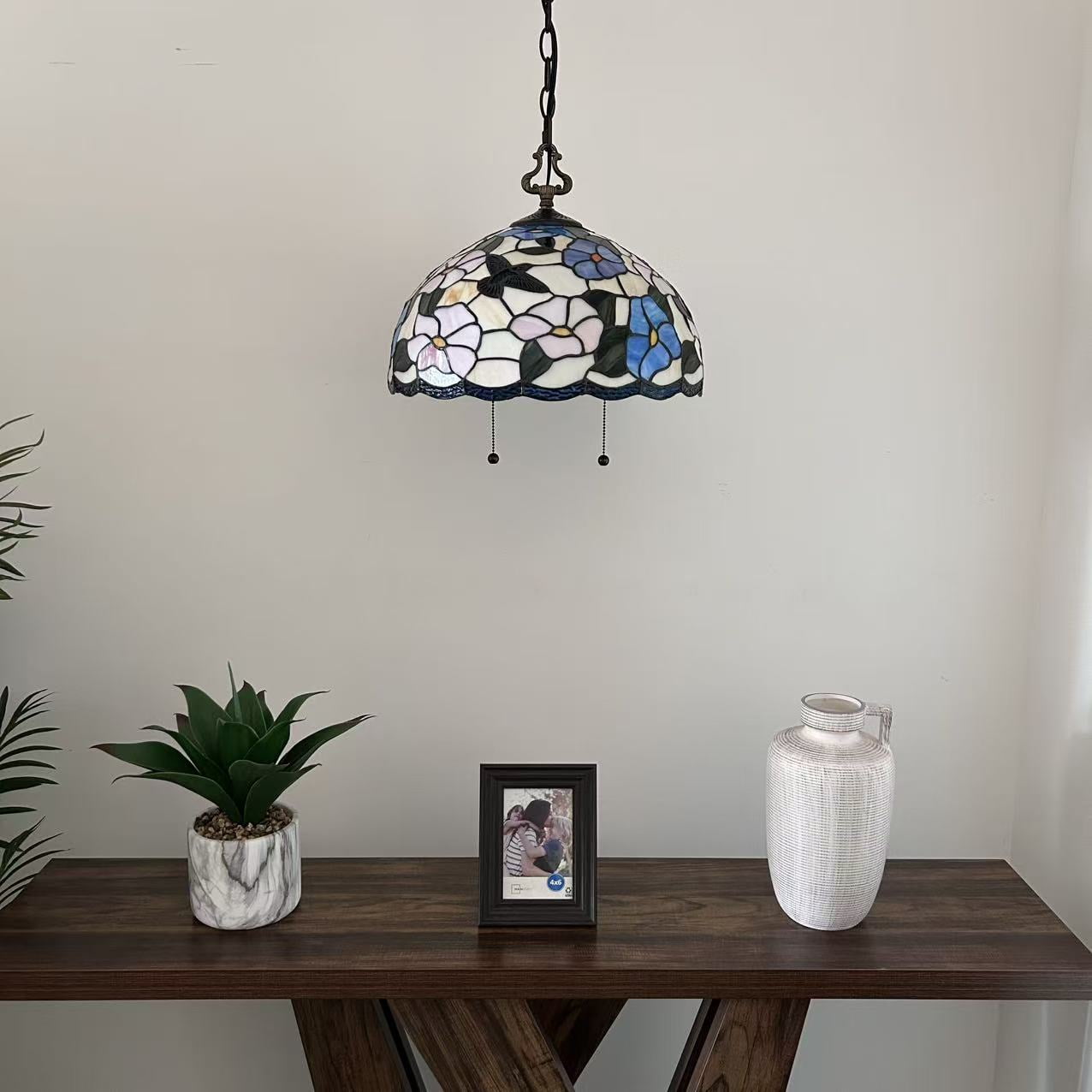 Tiffany Pendant Lights Fixture Pink Blue Stained Glass Hummingbird Flowers LED Bulb 16"W*16"D*75"H