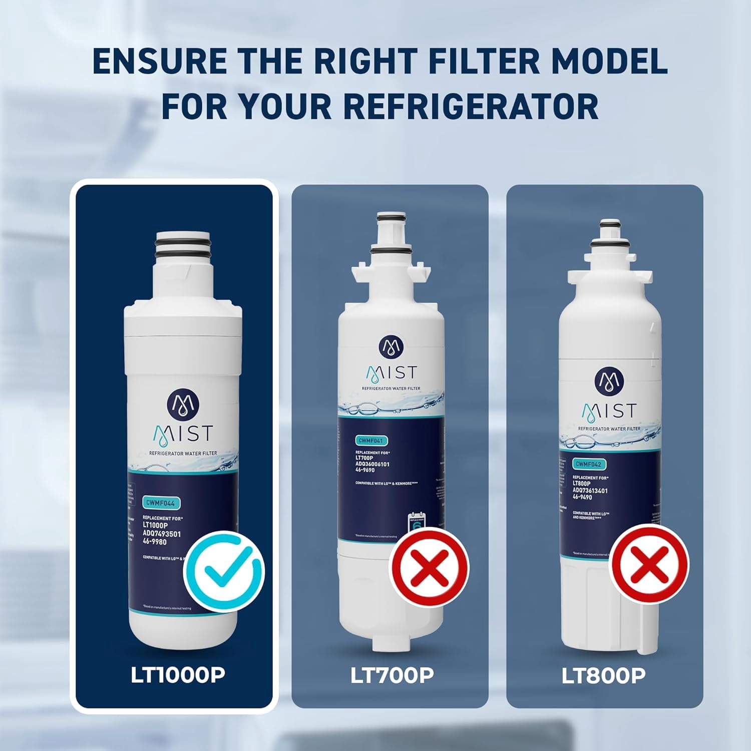 Mist Refrigerator Water Filter, Compatible with LG LT1000P, ADQ747935, MDJ64844601, LMXS28626D, LT1000PC, LT-1000PC Kenmore 46-9980, 469981, 2-Pack