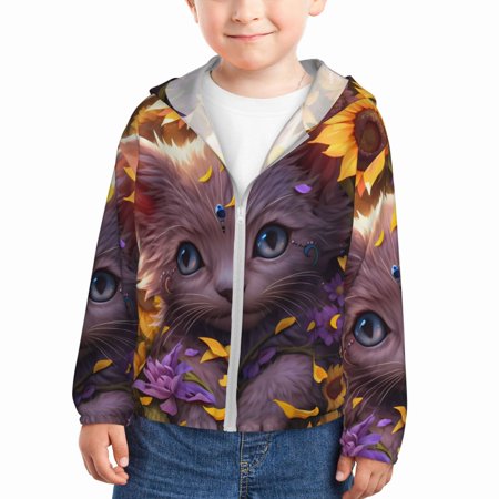 

Ocsxa Sunshine Cute Cat Sunflower Print Kids Active Zipper Sun Protection Jacket Boys Girls Hooded Cooling Shirt-3 Years