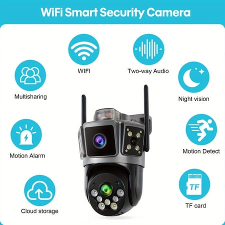 This Is a Dual-Lens Security Camera Designed for Smart Home Use,Featuring 2K Resolution And Wireless Network Capabilities.It Offers 355° Pan-Tilt Rotation And Supports Both Wired (RJ45) And Wireless