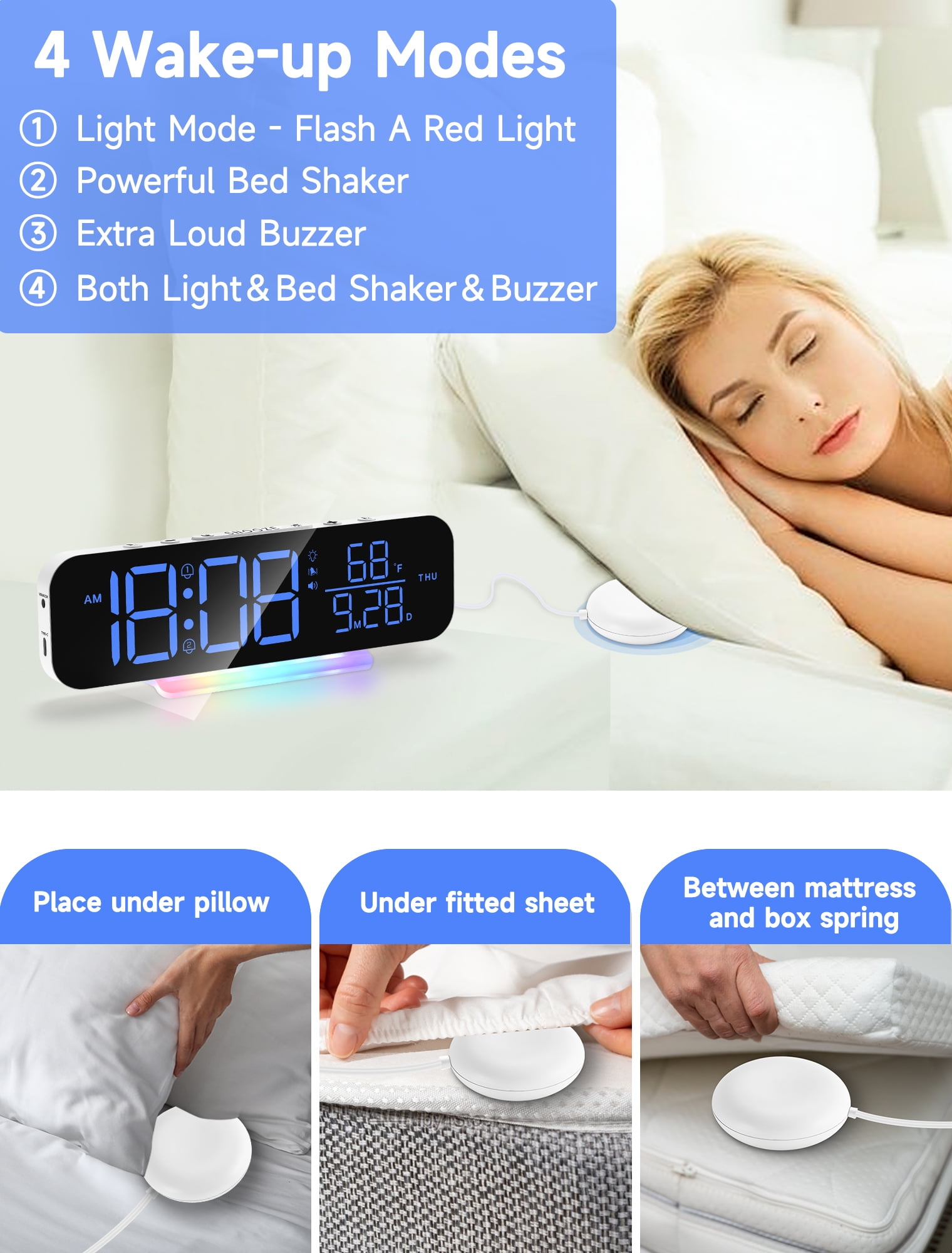 ITIGOITIE Extra Loud Vibrating Alarm Clock,Adjustable Volume,Dimmer,Large LED Digital with RGB Night Light for Bedrooms,Kids,Teens(White)