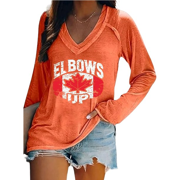 MHFRRA Camiseta Informal de Manga Larga con Cuello En V y Estampado Canadiense para Mujer Naranja