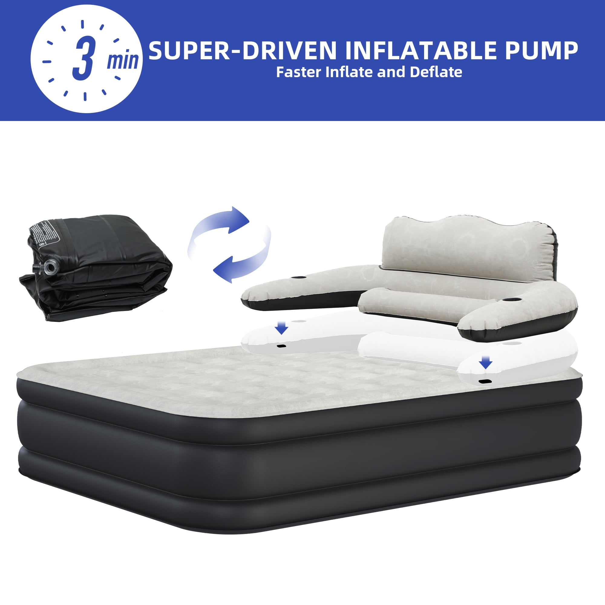Uforic Queen Size Air Bed with Detachable Headboard & Integrated Pump, 18in Inflatable Mattress with Accessories for Home, Outdoors, and Travel