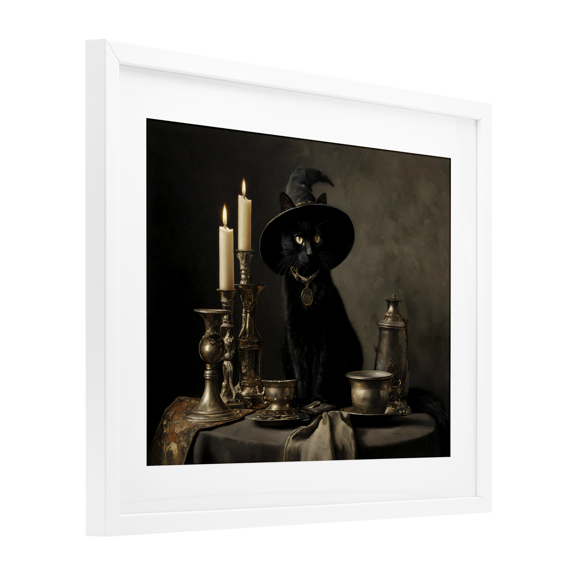 Vintage Witchy Black Cat White Framed Print Under Glass, design by Arlington Prints