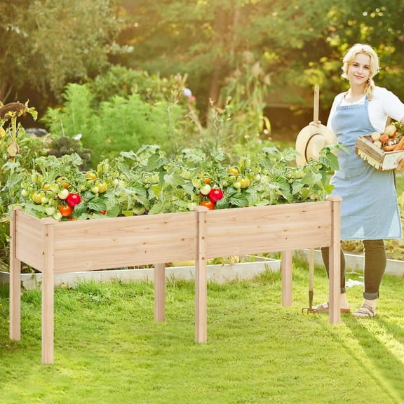 Auranook Raised Garden Bed, Elevated Fir Wood Planter Box with 2 Large Planting Areas, Drain Holes, Free Standing Garden Planter for Backyard Patio Gardening Balcony