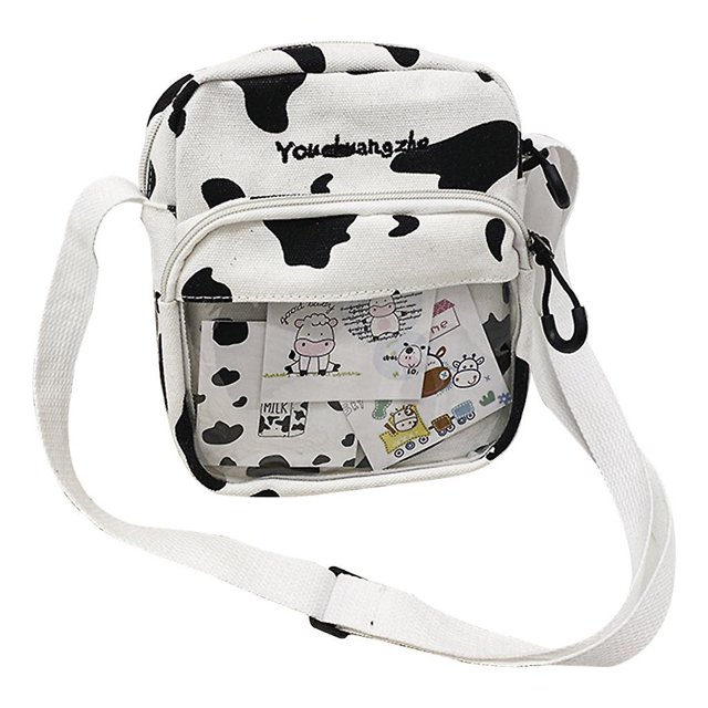 Without pendant Bolso bandolera con estampado de vaca de dibujos animados para mujer y niña, bolso bandolera de lona