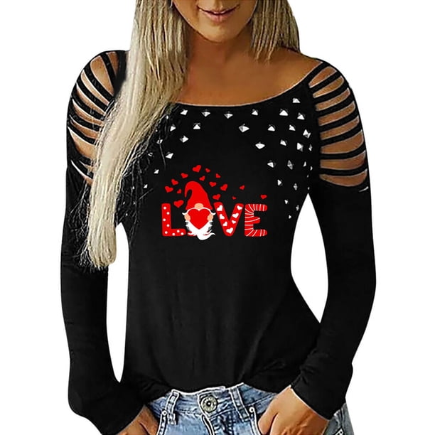 Blusa de manga larga con estampado de día de San Valentín y hombros descubiertos para mujer Pompotops gfhjh17927