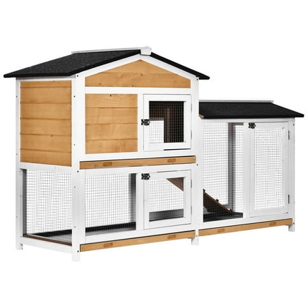 UPC: 0842525145558 | PawHut 2-Story Rabbit Hutch Wooden Bunny Hutch Cage Small Animal House with Ramp  No Leak Tray  Weatherproof Roof and Outdoor Run  Indoor/Outdoor  Yellow
