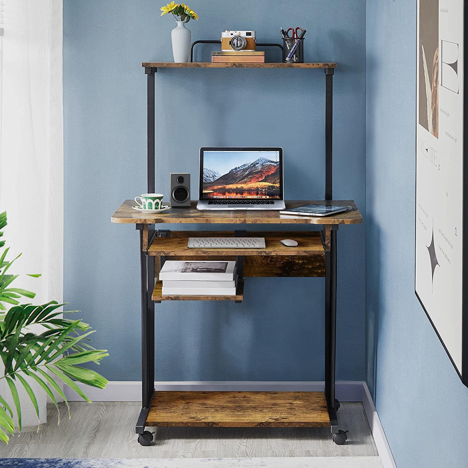 3 Tiers Rolling Computer Desk with Keyboard Tray and Printer Shelf for Home Office, Mobile Computer Desk for Small Space, Retro Computer Table Compact PC Laptop Workstation, Rustic Brown