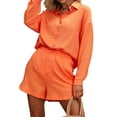 thumbnail image 2 of Liacowi Women Juniors Summer 2 Pieces Outfits Casual Long Sleeves Shirt and Shorts Set Beach Holiday Matching Clothes Sweatsuit, 2 of 5