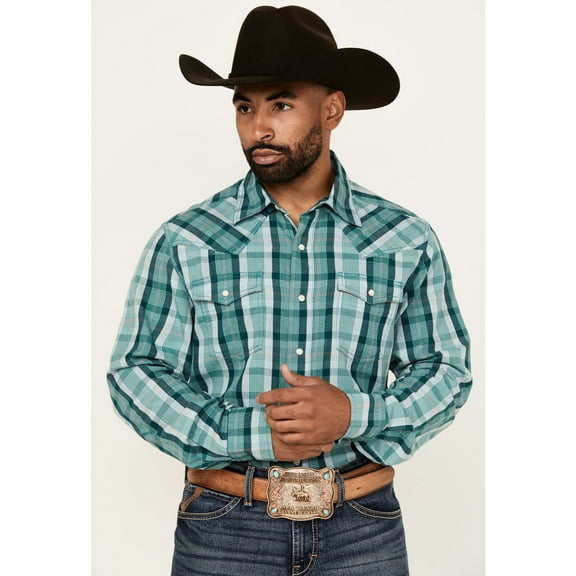 Wrangler Men's Retro Plaid Print Long Sleeve Snap Western Shirt Turquoise Medium