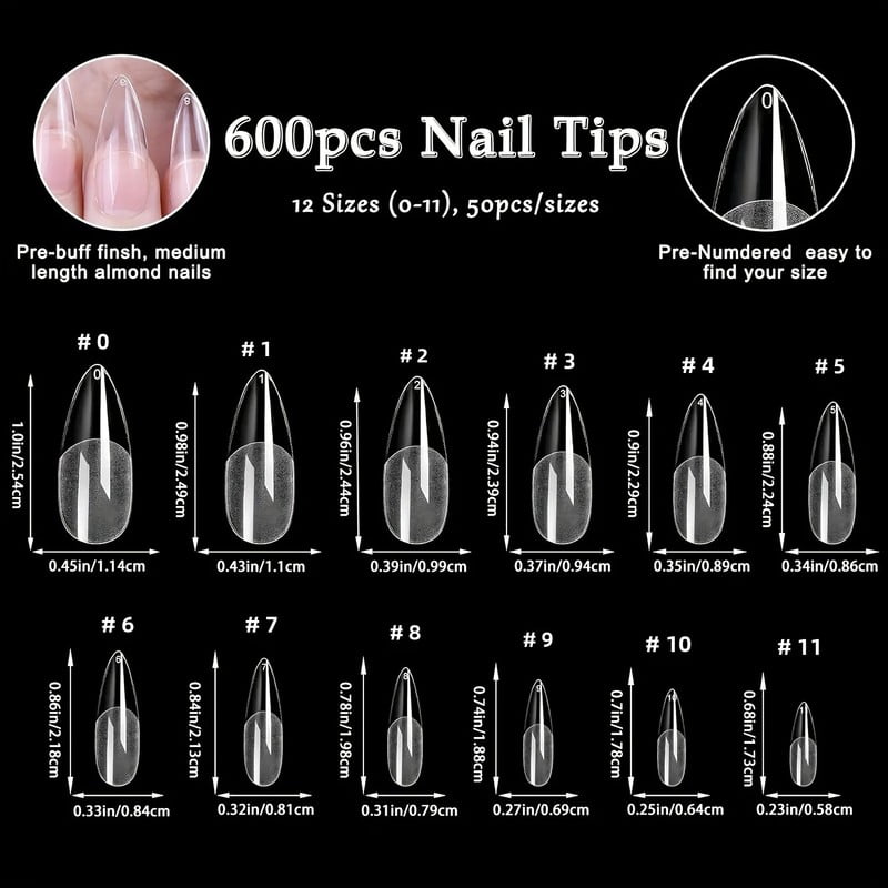 600Pcs Almond Nail Tips Half Matte Full Cover Acrylic Nails Tips Medium Gel False Nail Manicure Salon Home DIY Press on Nails