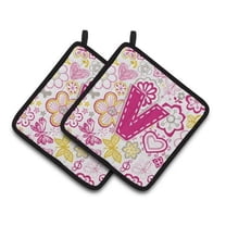 Carolines Treasures CJ2005-VPTHD Letter V Flowers & Butterflies Pink Pair of Pot Holders, 7.5 x 3 x 7.5 in.