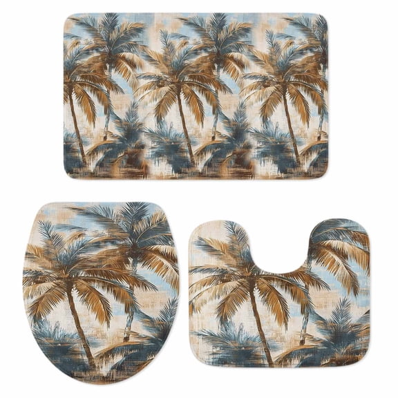 Navy Blue Brown Palm Tree Bath Mat 3 Piece Bathroom Rug Set, Tropical Leaves Vintage Non Slip Bath Rug Contour Mat and Toilet Lid Cover, Absorbent Shower Mats Soft Bath Rugs and Mats Sets
