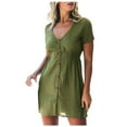 thumbnail image 2 of Summer Saving Wycnly Womens Dresses Casual Solid Elastic Waist Swing Button A Line Shirt Short Sundress Summer Plain V-Neck Short Sleeve Formal Mini Dress Army Green XXXXL, 2 of 5