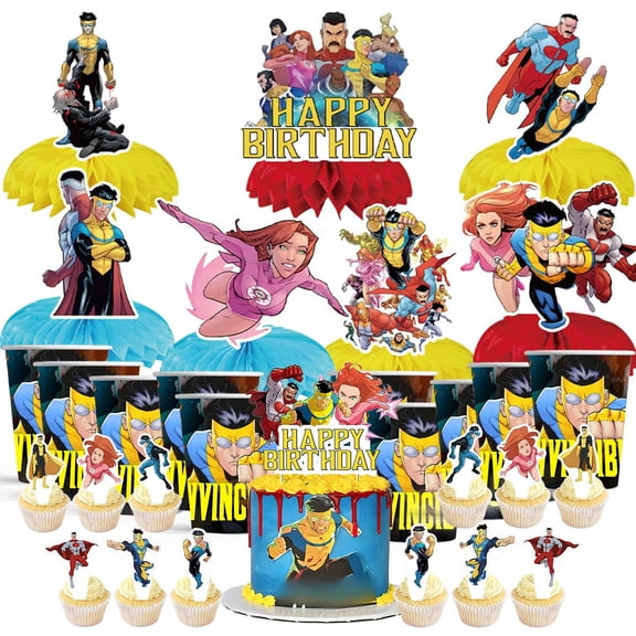 Invincible Party Supplies Decor Cups Fans Decorations Honeycomb Centerpieces Cake Toppers