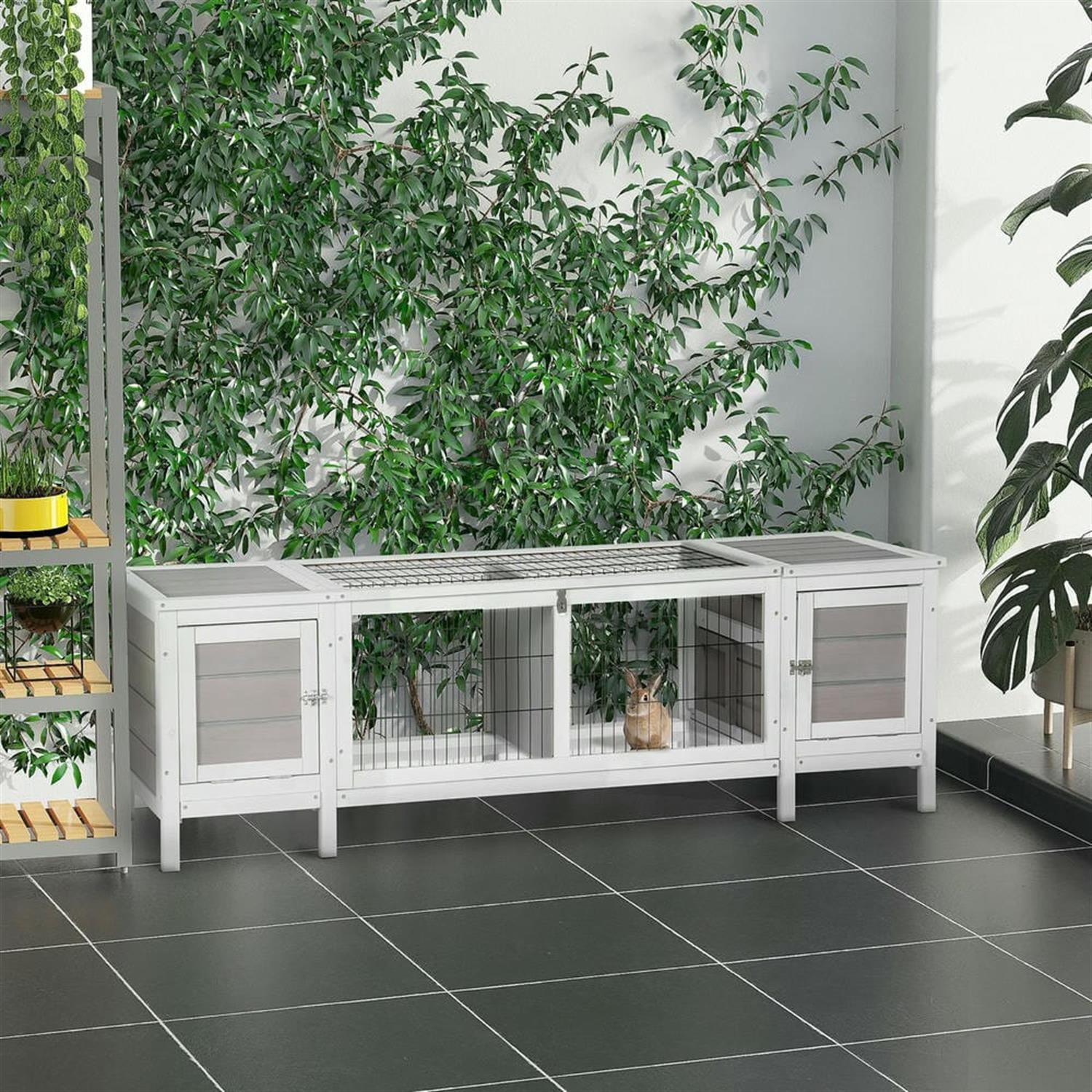 resenkos 63" Wooden Rabbit Hutch with Pull-Out Tray, and Divided Board, Outdoor Small Animal Habitat Enclosure Bunny Cage for Bunnies, Guinea Pigs, White