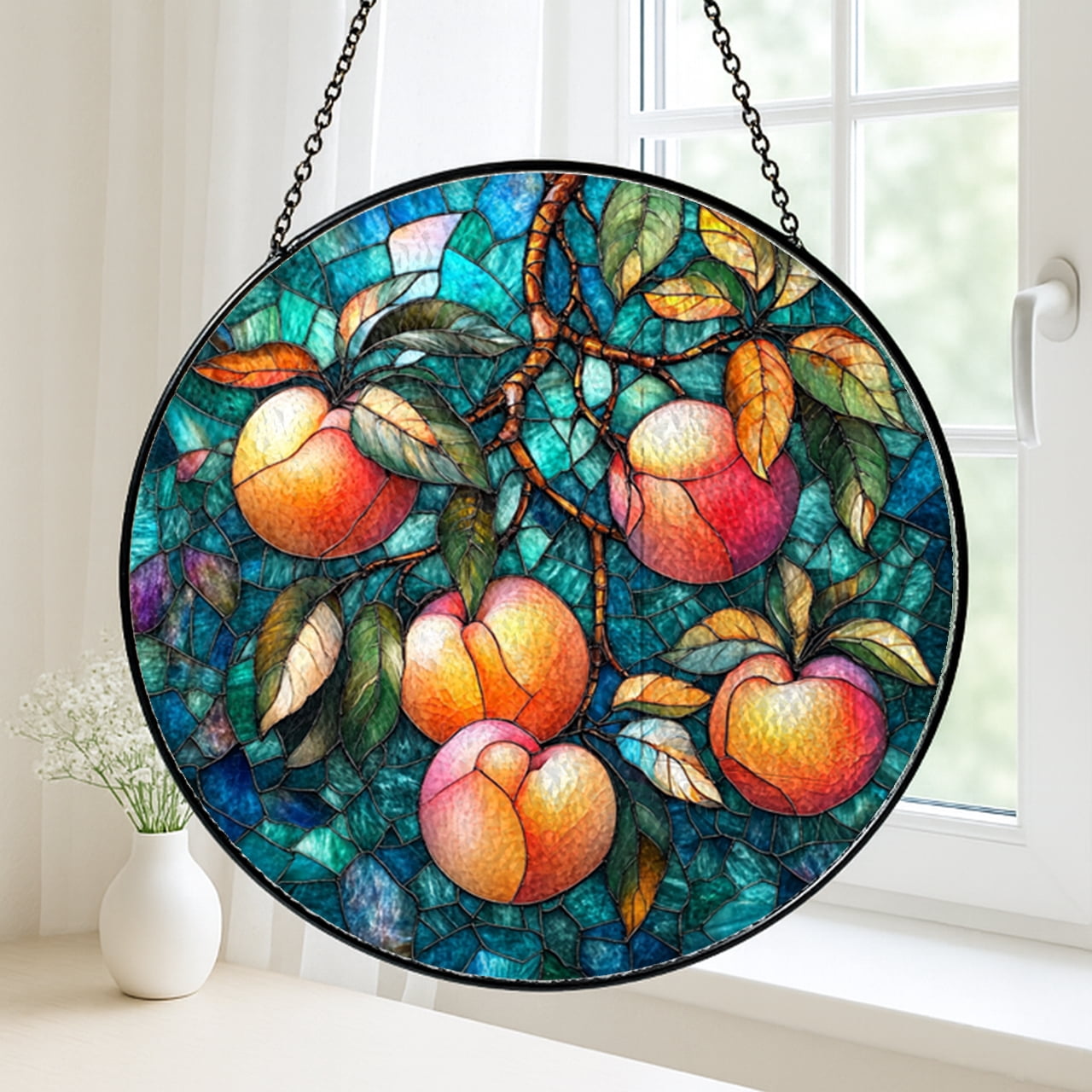 Peaches Wreath Acrylic Faux Glass Panel – Kitchen Window Art