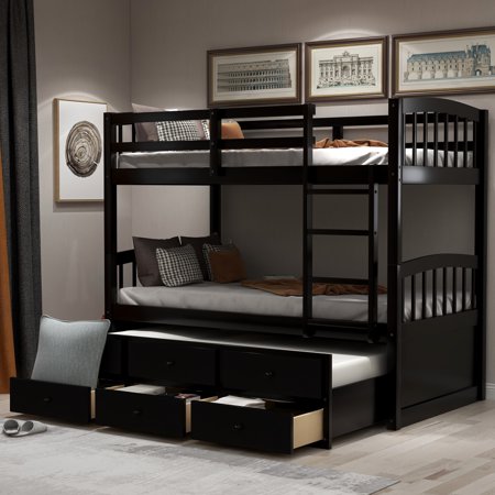 Twin Bunk Bed with Ladder  Safety Rail  Twin Trundle Bed with 3 Drawers for Teens Bedroom Guest Room Furniture
