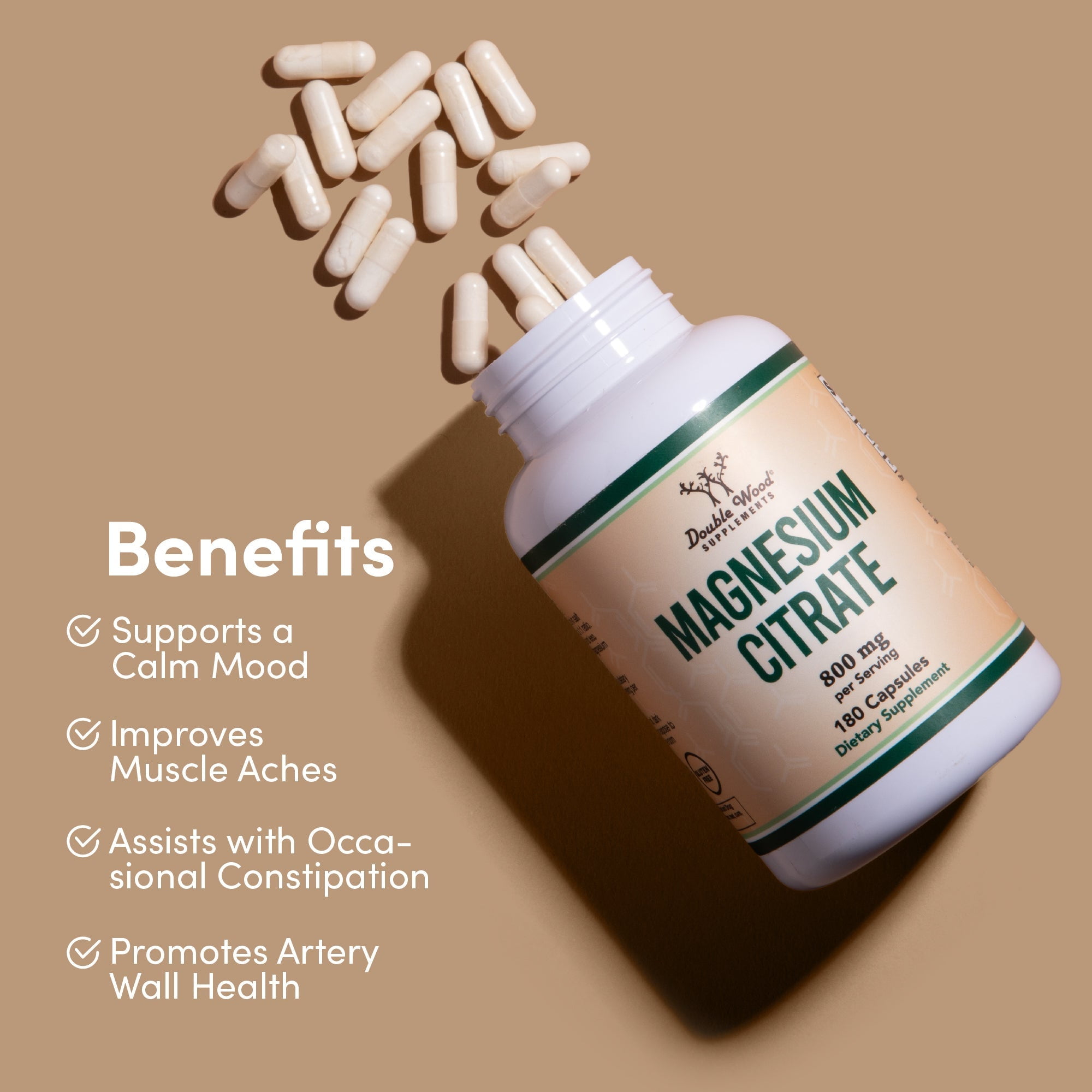 Magnesium Citrate Capsules 400mg, 180 Capsules (Citrato de Magnesio) 800mg  Servings, No Fillers, Vegan Safe, Manufactured in The USA by Double Wood ...