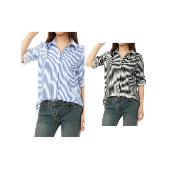 NOMADIC NOOK Women's 2 Packs Button Down Roll-up Long Sleeves Lapel Collar Shirts