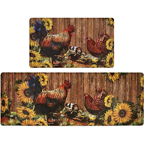 Rooster Kitchen Rugs Sets of 2,Farmhouse Anti-Fatigue Kitchen Mats for Floor Non-Slip Waterproof Sunflower Kitchen Rug Kitchen Mat Washable for Kitchen Laundry Office
