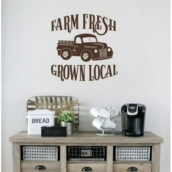 Vintage Truck Wall Stickers Farm Fresh Grown Local Farmhouse Decal Decor 23x23-Inch Chocolate Brown