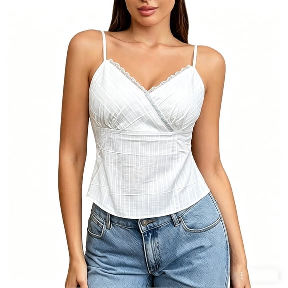 WEIWEN Womens Spaghetti Strap Tank Top Lace Wrap Deep V Neck Cropped Tops for Women Coquette Camisole Going Out Cami Shirts tx03-White, L