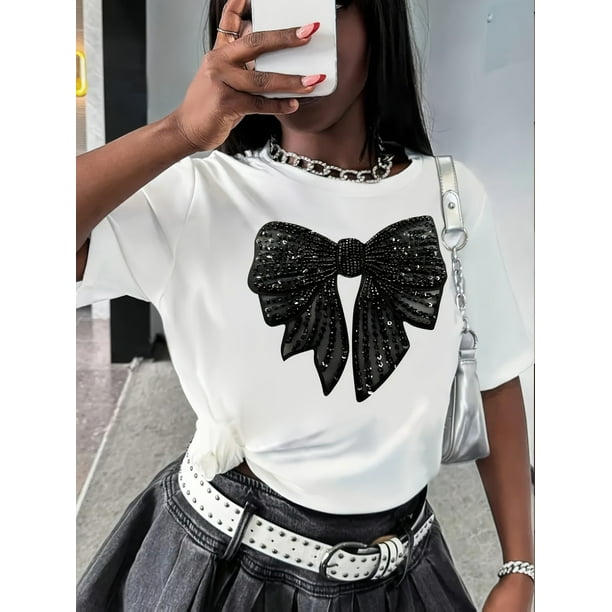 Women'S Casual Crew Neck T-Shirt with Sparkling Black Bow Print, Short Sleeve, Regular Fit, Spring/Summer Top, Tee