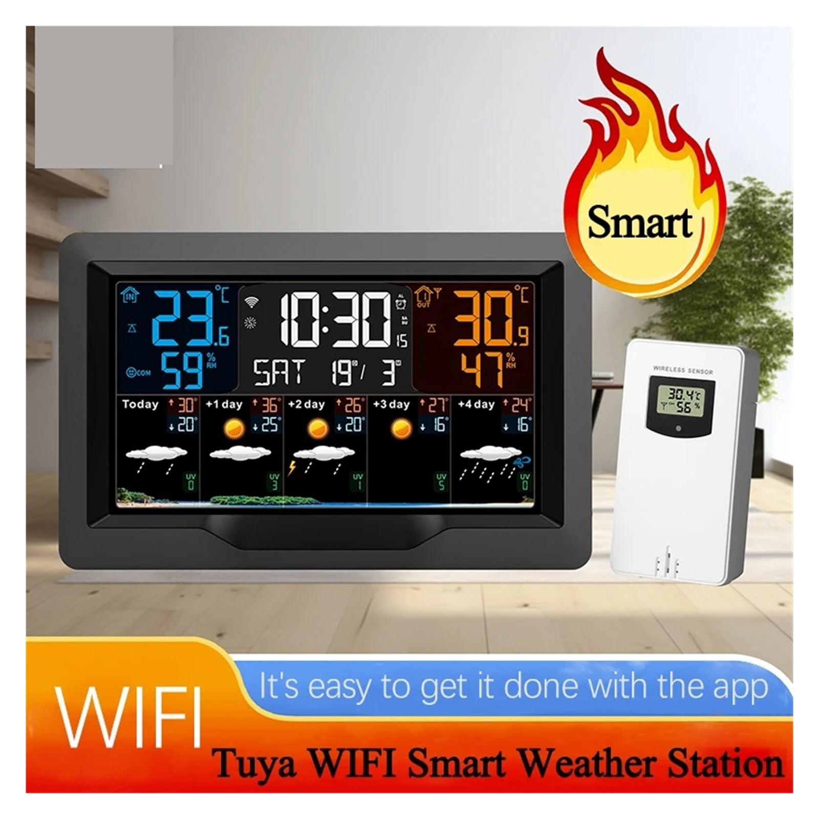 WIFI Smart Weather Station Color Screen APP Control Weather Alarm Clock Indoor and Outdoor