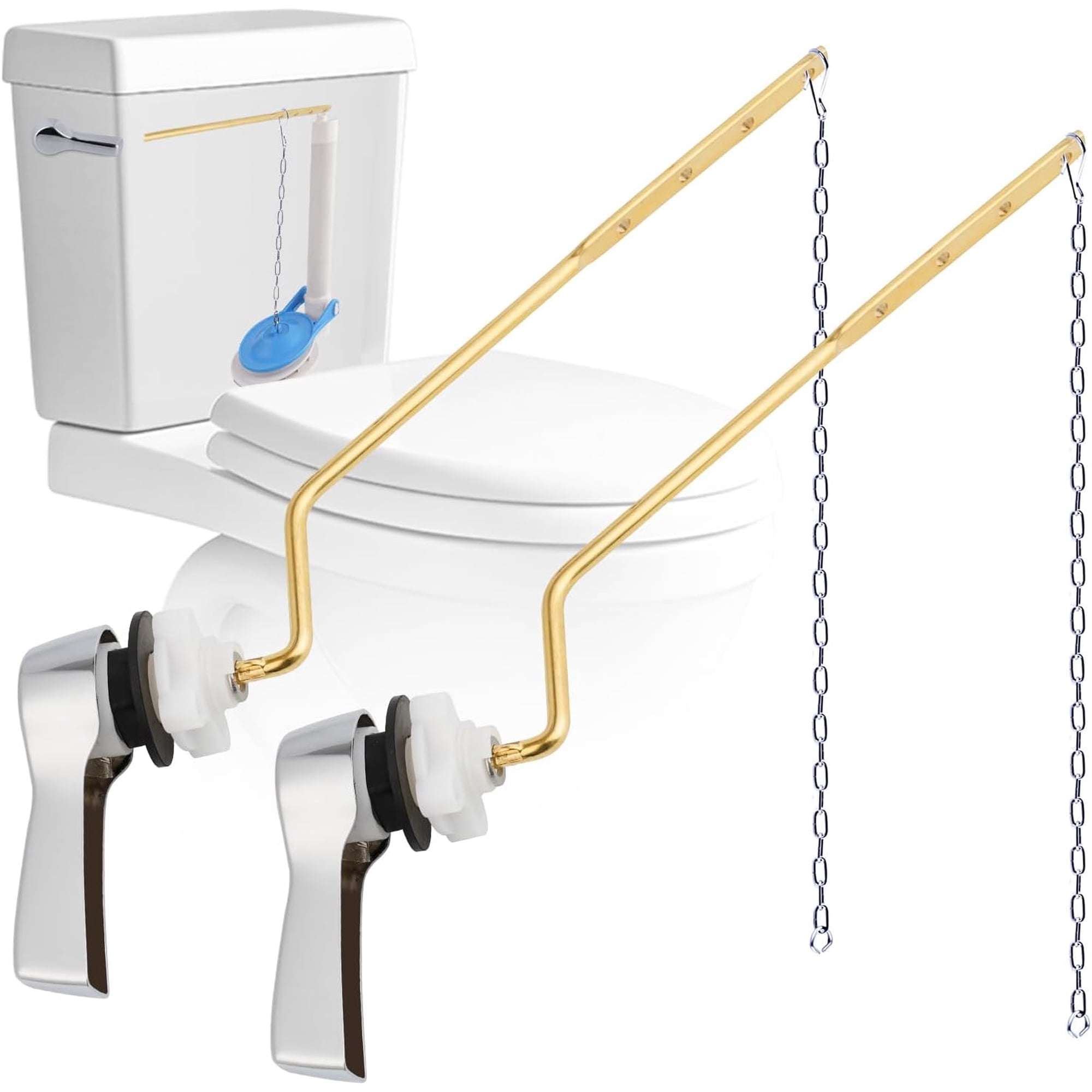 OKYWHOP 2 Pack Universal Metal Side Mount Toilet Handle Chrome Toilet Flush Lever Replacement Kit with Stainless Steel Flapper Chains Adjustable Holes for Most Side-Mount Toilets