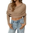 thumbnail image 5 of dGslk Womens Off Shoulder Sweater Wrap Knit Pullover Long Sleeve Casual Loose Fit Top for Autumn Winter Layering Style Khaki M, 5 of 7