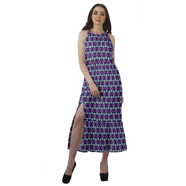 Moomaya Robe en Rayonne Imprimée Col Licou Femme Fente avant Longue Maxi Robe de Soirée