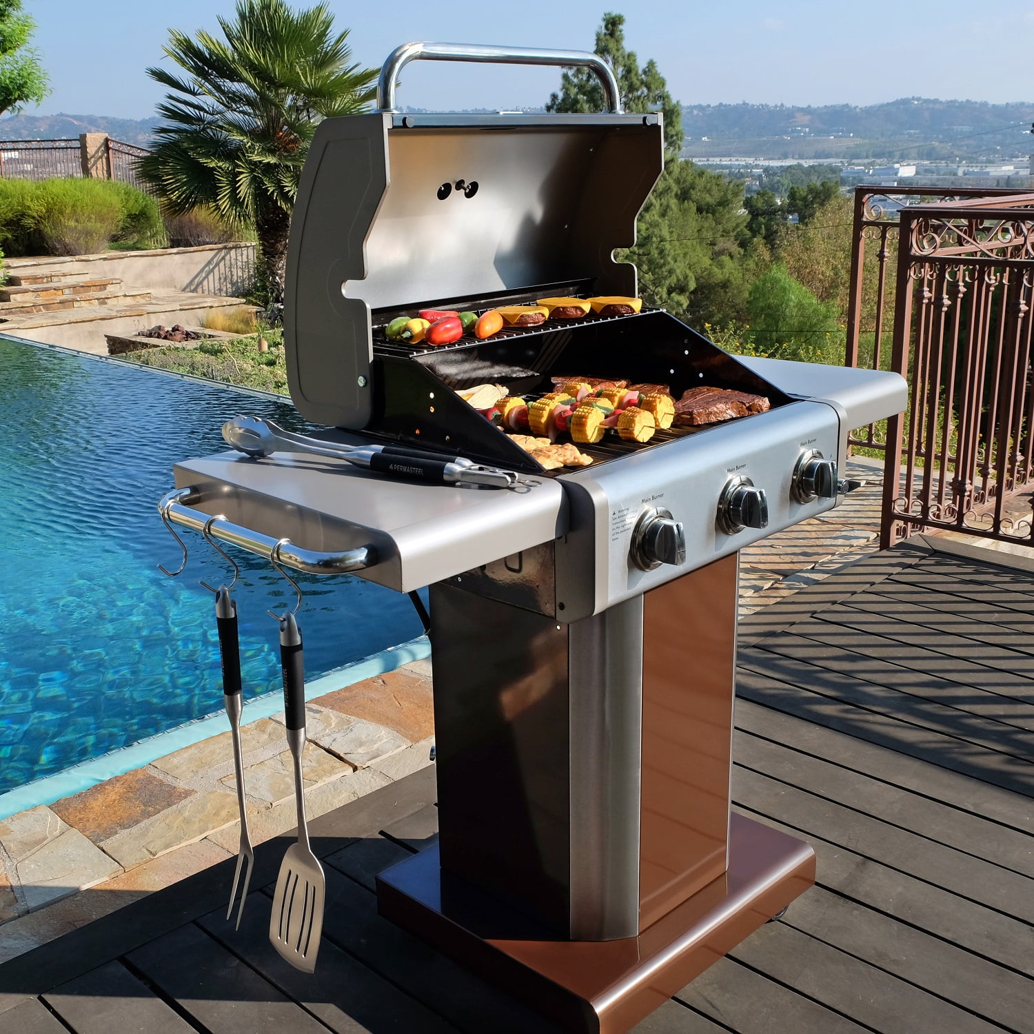 3 Burner GAS Grill w/ Side Burner & Cabinet - BBQ Set & Cover