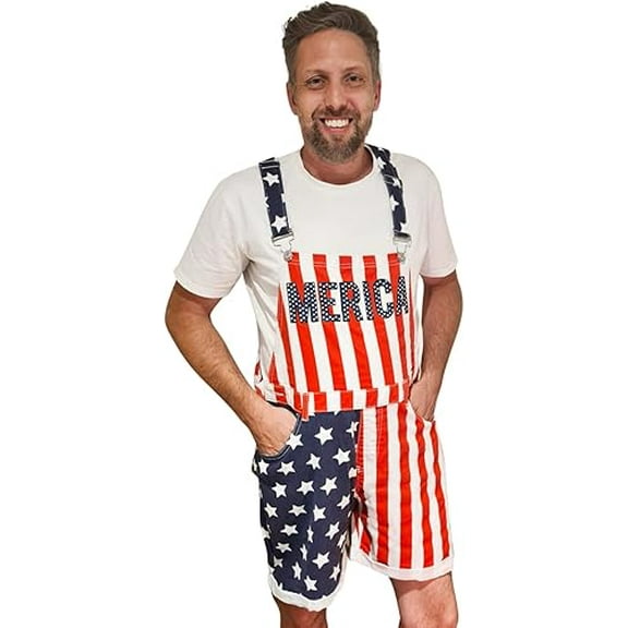 HandinHandCreations USA Overalls Rompers Merica Red White Blue Design All American Look - Quality Build (M)