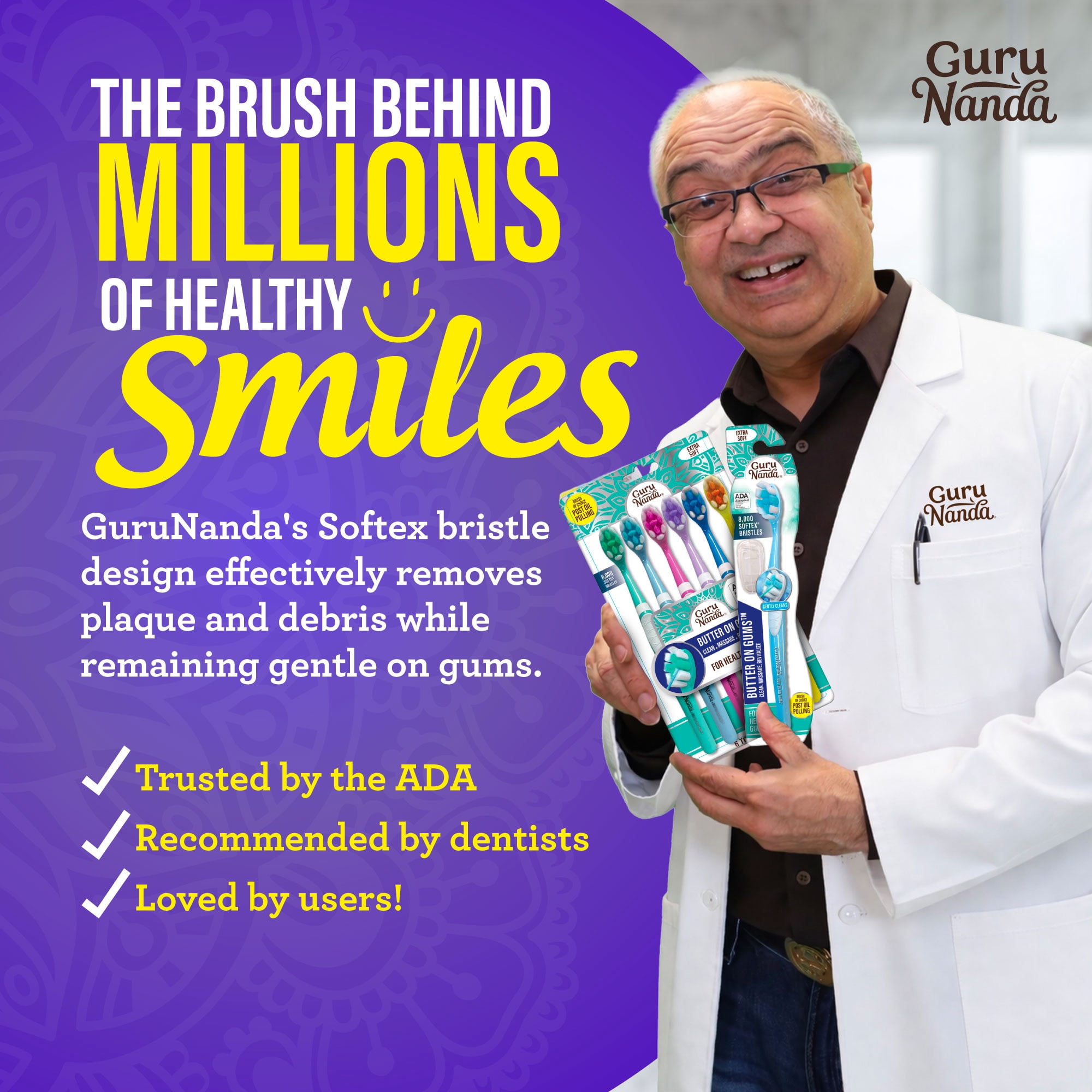GuruNanda Butter On Gums Toothbrush - Extra Soft Bristles - ADA Accepted - 6 Pack