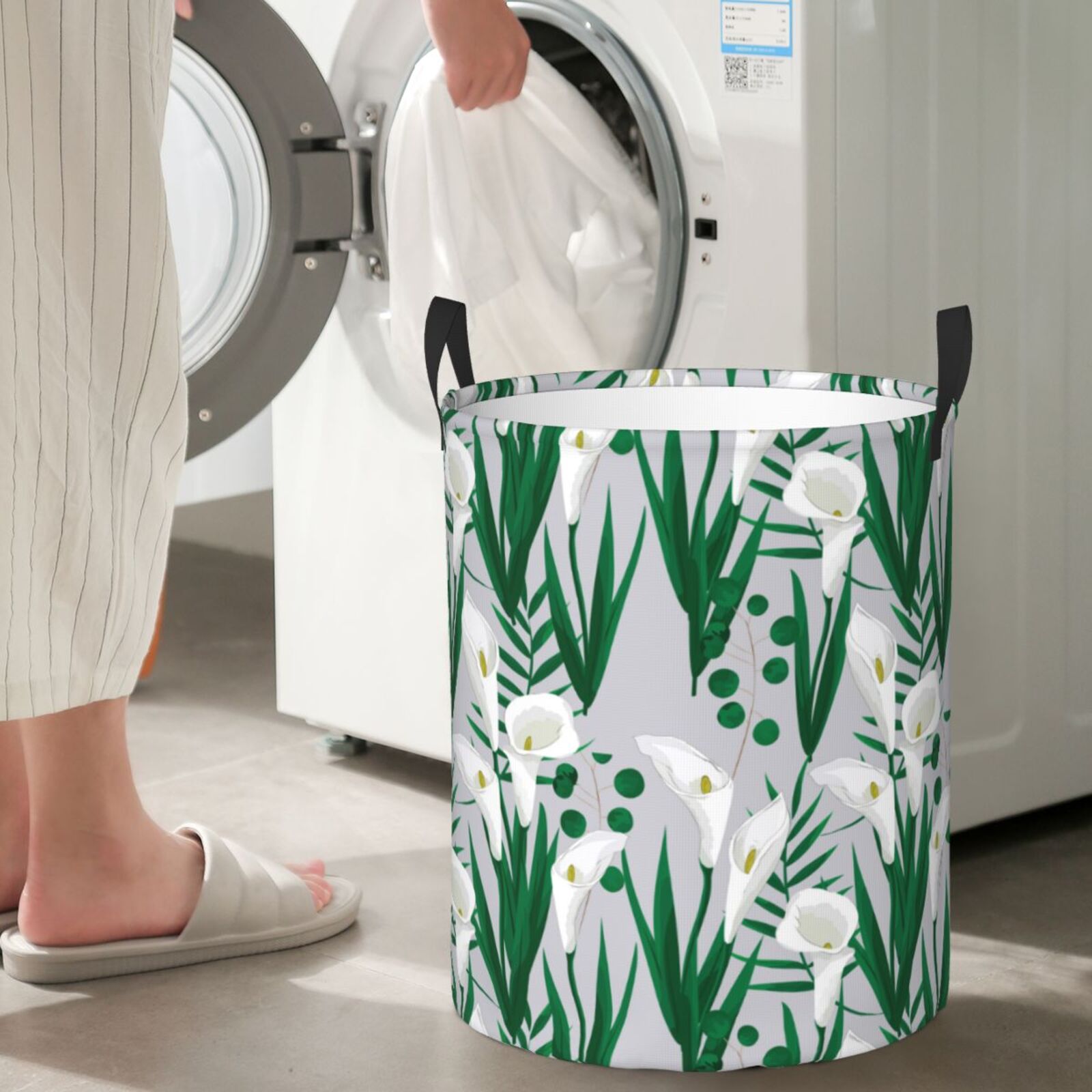 Large Laundry Basket with Handles - Calla Lily Flowers Green Leaves Kids Baby Dirty Clothes Laundry Hamper for Bedroom Aesthetic