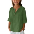 thumbnail image 2 of Girls Lightweight Shirts 5-14 Years Kids Tween Casual Leisure Tops Children Autumn Solid Color Linen 3/4 Length Sleeve V-Neck Baby Girl Clothes Loungewear Green 7 Years, 2 of 3